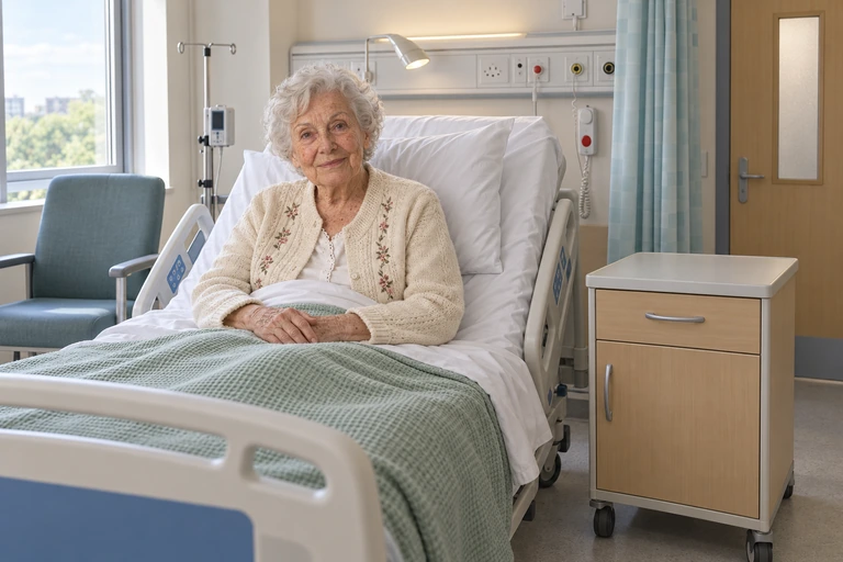 AI-created Margaret Collins in her fictional PatientVille hospital room.