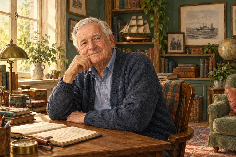 AI-created concept illustration of an older fictional veteran in civilian clothes, seated in a study.